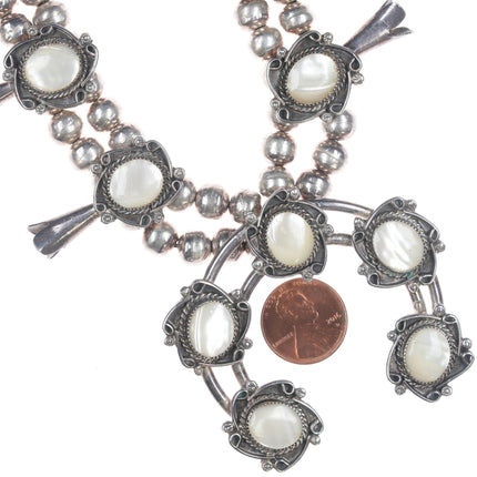 Vintage Native American Silver and mother of pearl squash blossom necklace