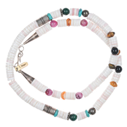 18"  Tommy Singer (1940-2014) Navajo Silver, multi-stone/shell heishi necklace