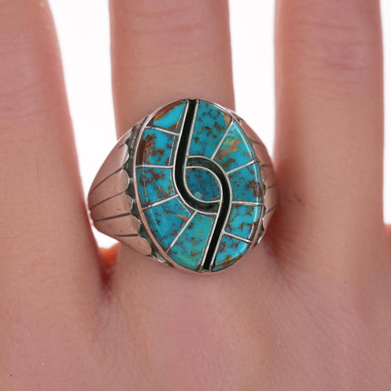 sz11.75 Cecil Lee Navajo Silver High grade turquoise hummingbird channel inlay ring