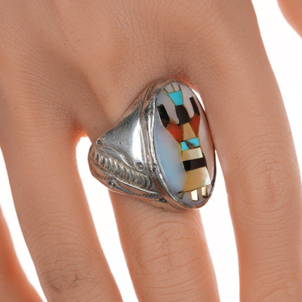 sz8.5 Roland Hogan Begay Navajo inlaid heavy stamped silver ring