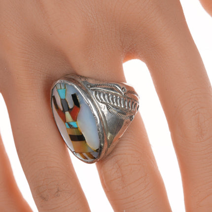 sz8.5 Roland Hogan Begay Navajo inlaid heavy stamped silver ring