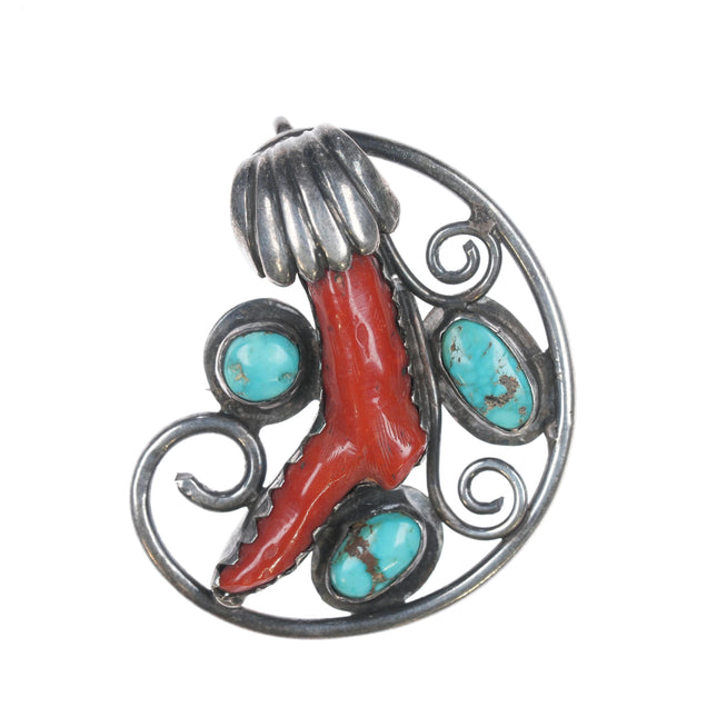 Bobby Lujan Taos Pueblo (1922-2012) silver Branch coral and turquoise pendant/pin