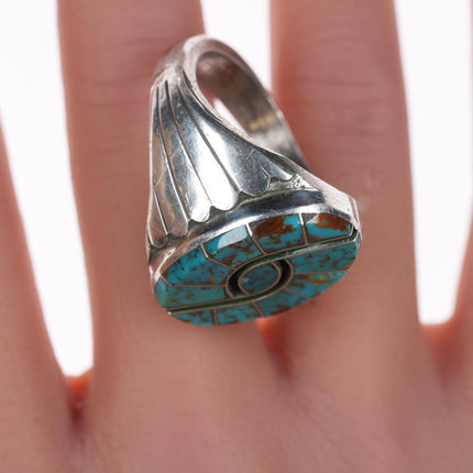 sz11.75 Cecil Lee Navajo Silver High grade turquoise hummingbird channel inlay ring