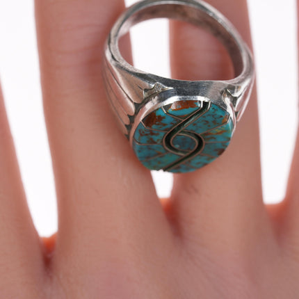 sz11.75 Cecil Lee Navajo Silver High grade turquoise hummingbird channel inlay ring