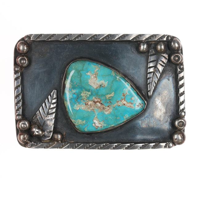 Vintage Native American Silver and turquoise belt buckle with fancy stamped border