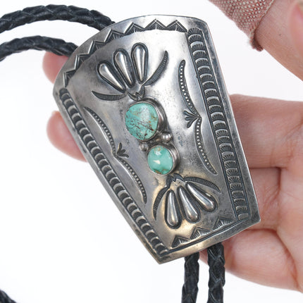 Vintage Navajo hand stamped silver bolo tie with turquoise