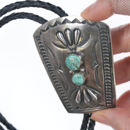 Vintage Navajo hand stamped silver bolo tie with turquoise