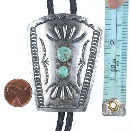 Vintage Navajo hand stamped silver bolo tie with turquoise