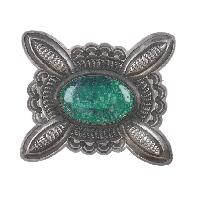 Large Vintage Hand stamped Navajo silver and variscite pin