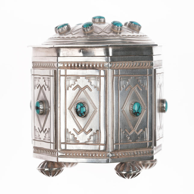 Harry Morgan (1947-2008) Navajo Heavy stamped silver and Indian Mountain turquoise table box