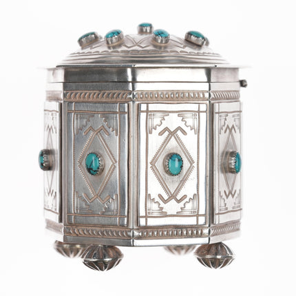 Harry Morgan (1947-2008) Navajo Heavy stamped silver and Indian Mountain turquoise table box