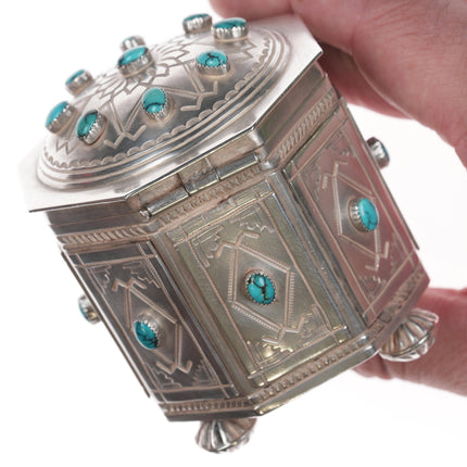 Harry Morgan (1947-2008) Navajo Heavy stamped silver and Indian Mountain turquoise table box