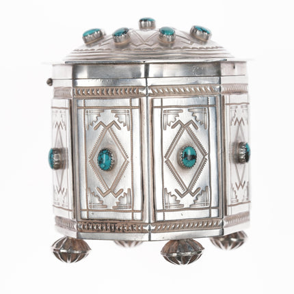 Harry Morgan (1947-2008) Navajo Heavy stamped silver and Indian Mountain turquoise table box