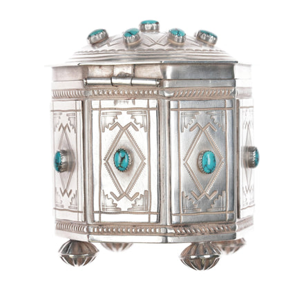 Harry Morgan (1947-2008) Navajo Heavy stamped silver and Indian Mountain turquoise table box