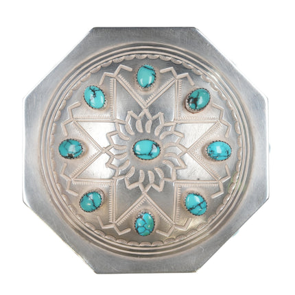 Harry Morgan (1947-2008) Navajo Heavy stamped silver and Indian Mountain turquoise table box