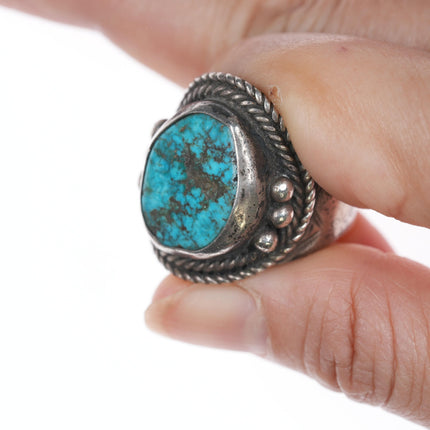 sz11.25 Vintage Navajo silver ring with turquoise and stamped sides