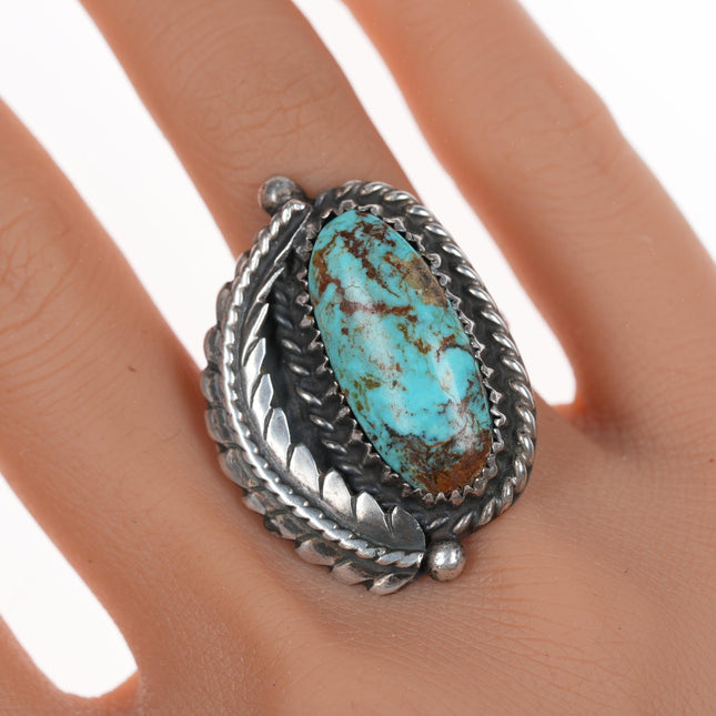 sz6 Vintage Navajo silver leafwork ring with turquoise H