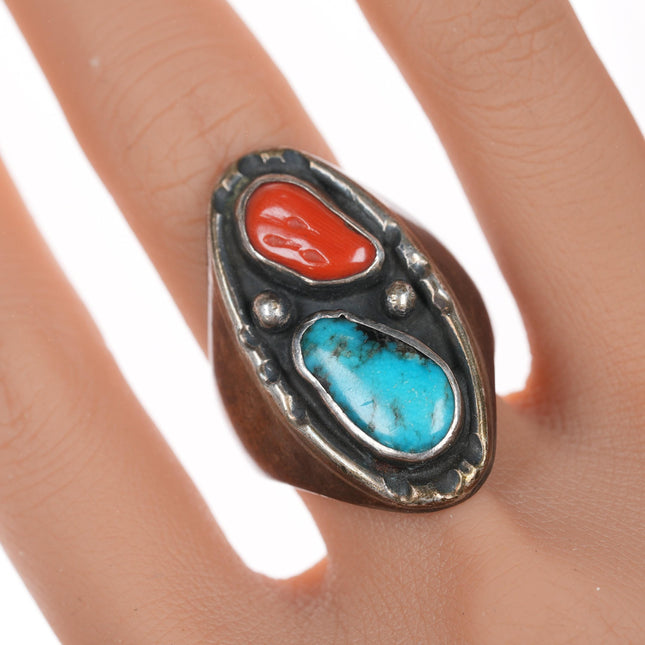 sz13 Vintage Native American silver, coral, and turquoise ring