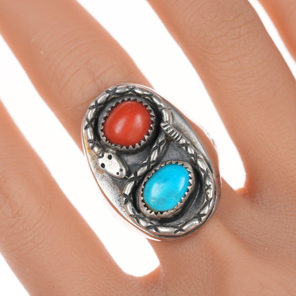 sz12 Native American silver, turquoise, and coral snake ring