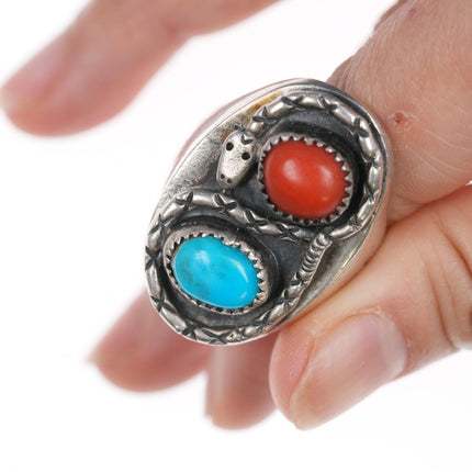 sz12 Native American silver, turquoise, and coral snake ring