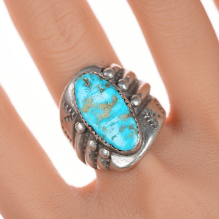 sz9.5 Native American silver and turquoise cast and stamped ring