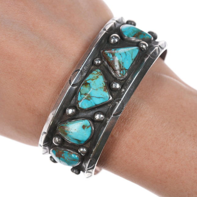 6 5/8" BL Vintage Native American silver row cuff bracelet with turquoise