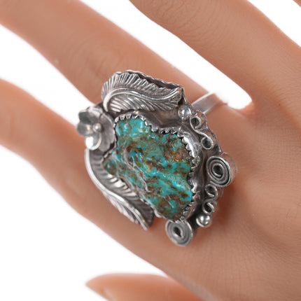 Sz8-Adjustable Vintatage Navajo silver and turquoise ring.