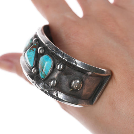 6 5/8" BL Vintage Native American silver row cuff bracelet with turquoise