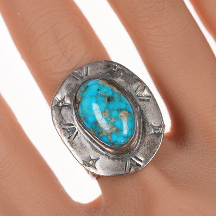 sz10 Vintage Navajo silver and turquoise ring with star stampings