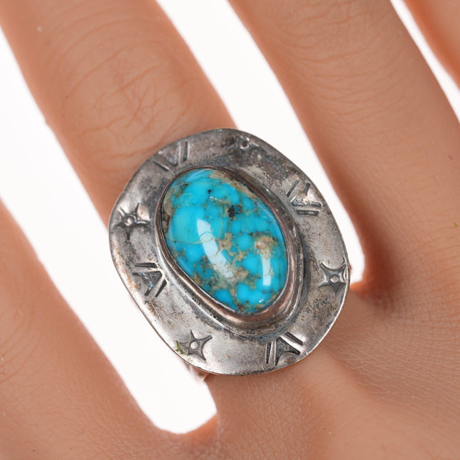 sz10 Vintage Navajo silver and turquoise ring with star stampings