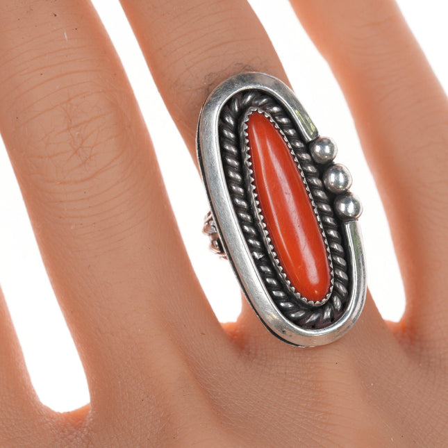 sz4.75 Gibson Nez (1947-2007) Jicarilla Apache and Navajo Mediterranean coral silver ring