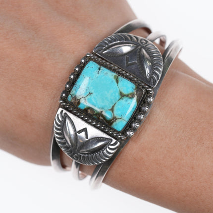 6 5/8" Vintage Navajo Hand stamped silver repousse cuff bracelet with turquoise