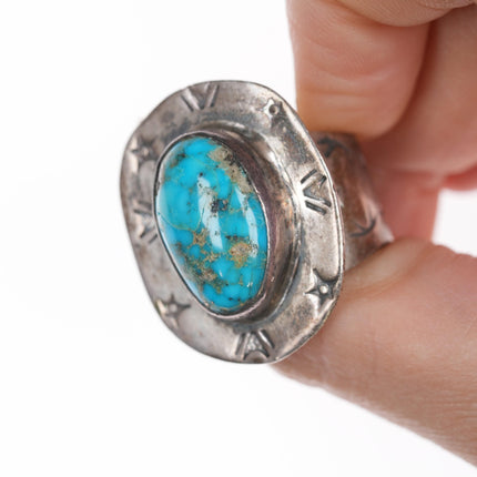 sz10 Vintage Navajo silver and turquoise ring with star stampings