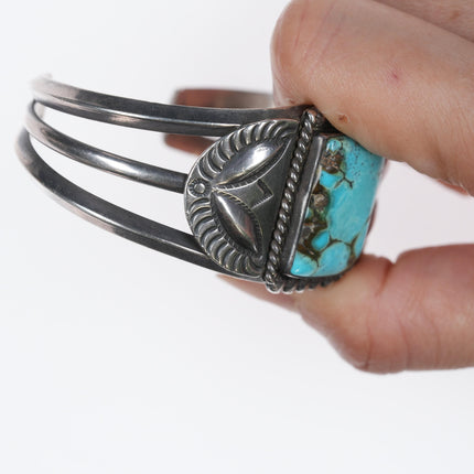 6 5/8" Vintage Navajo Hand stamped silver repousse cuff bracelet with turquoise