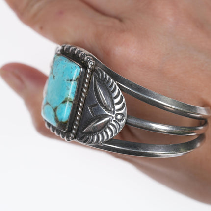 6 5/8" Vintage Navajo Hand stamped silver repousse cuff bracelet with turquoise