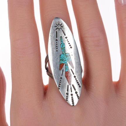 sz8 Tommy Singer (1940-2014) Navajo Sterling and turquoise chip inlay peyotebird ring