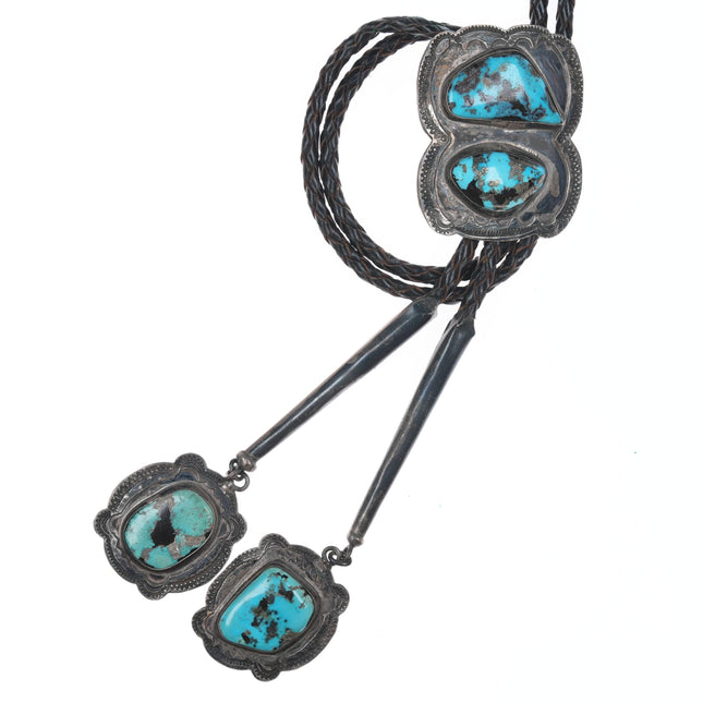 c1960 Navajo Heavy stamped silver bolo tie with turquoise and dangles