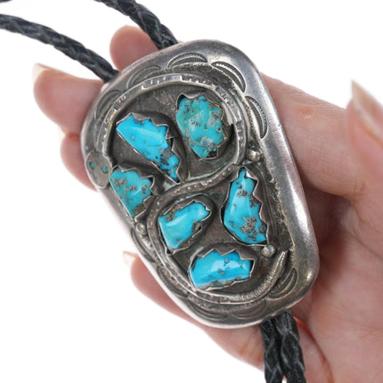 36" c1960 Effie Calavaza Zuni Snake Silver and turquoise bolo tie