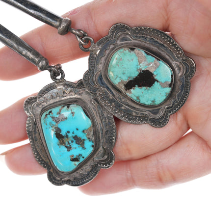 c1960 Navajo Heavy stamped silver bolo tie with turquoise and dangles