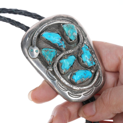 36" c1960 Effie Calavaza Zuni Snake Silver and turquoise bolo tie