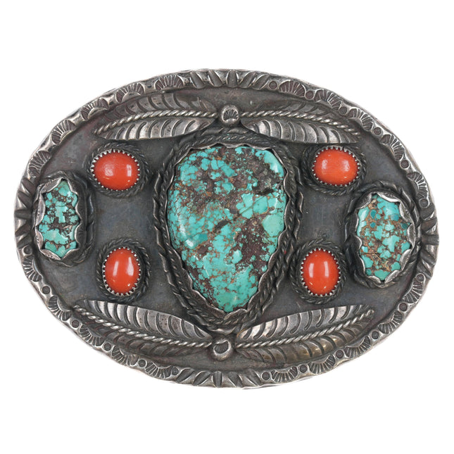 Large Vintage Native American silver, turquoise, and coral belt buckle