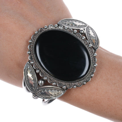 6.25" 40's-50's Navajo Twisted and stamped silver cuff bracelet with onyx