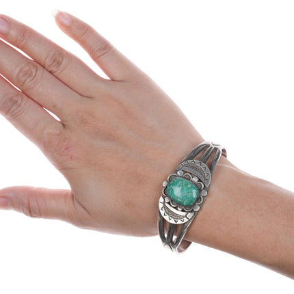 6 5/8" c1930's Navajo Hand stamped ingot silver cuff bracelet with Variscite