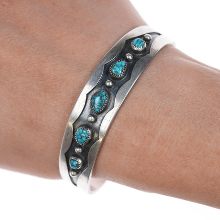 6 5/8" High Grade Turquoise Vintage Native American silver row cuff bracelet