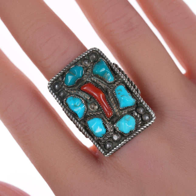 sz8.75 Vintage Zuni silver, carved turquoise, and branch coral ring