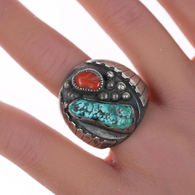 sz11 Heavy vintage Navajo silver, turquoise, and coral ring