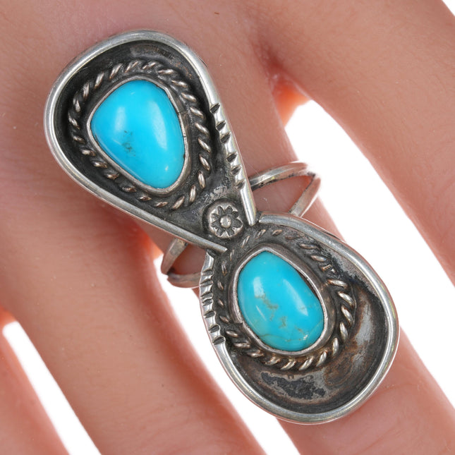 Sz7 Vintage Navajo double stone turquoise long ring