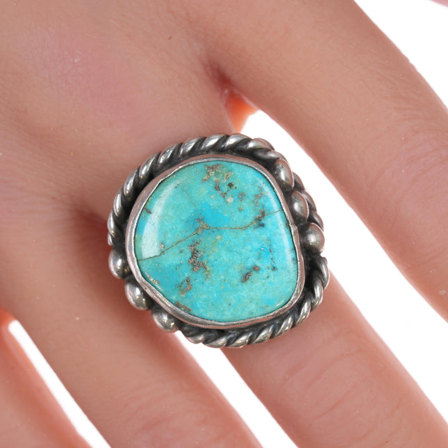 sz10.75 Vintage Native American silver and turquoise ring with twisted wire