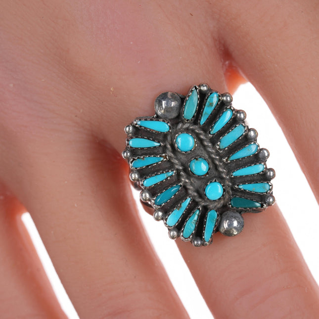 sz7.5 Zuni silver needlepoint turquoise cluster ring