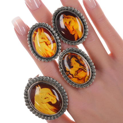 sz8 Art Tafoya Yaqui Reverse Carved Amber Ring, Earrings, and scarf slide/pendant Sterling